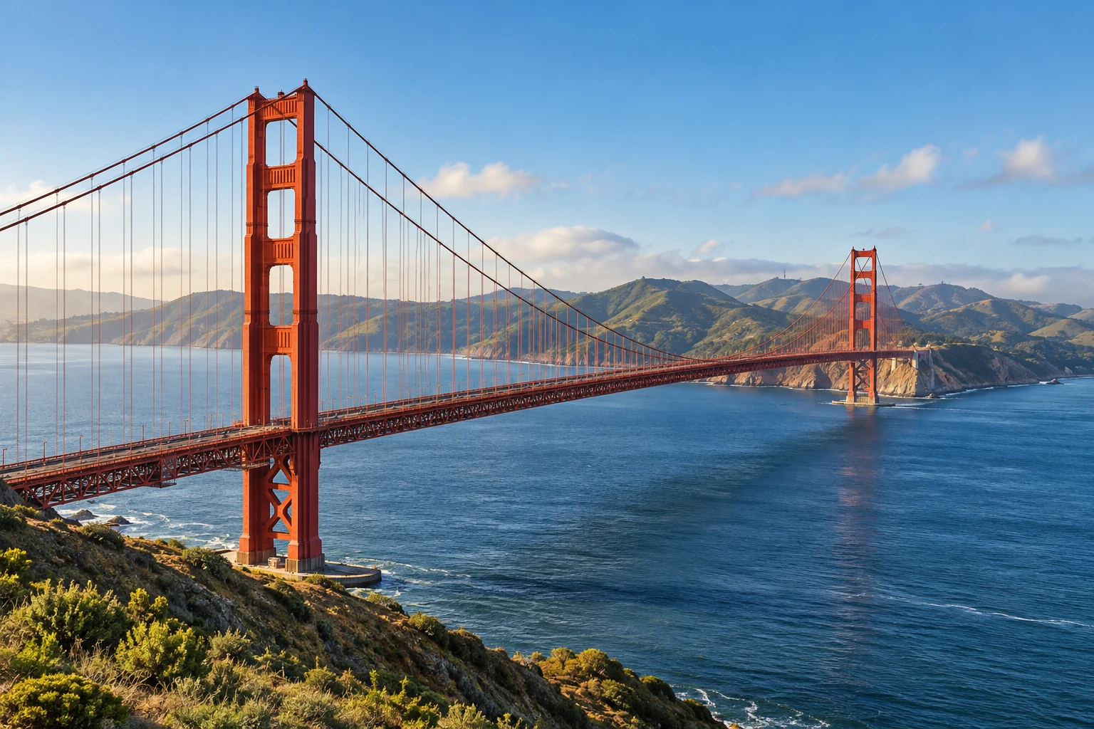Generated California landscape inspired by the Golden Gate Bridge and San Francisco Bay.
