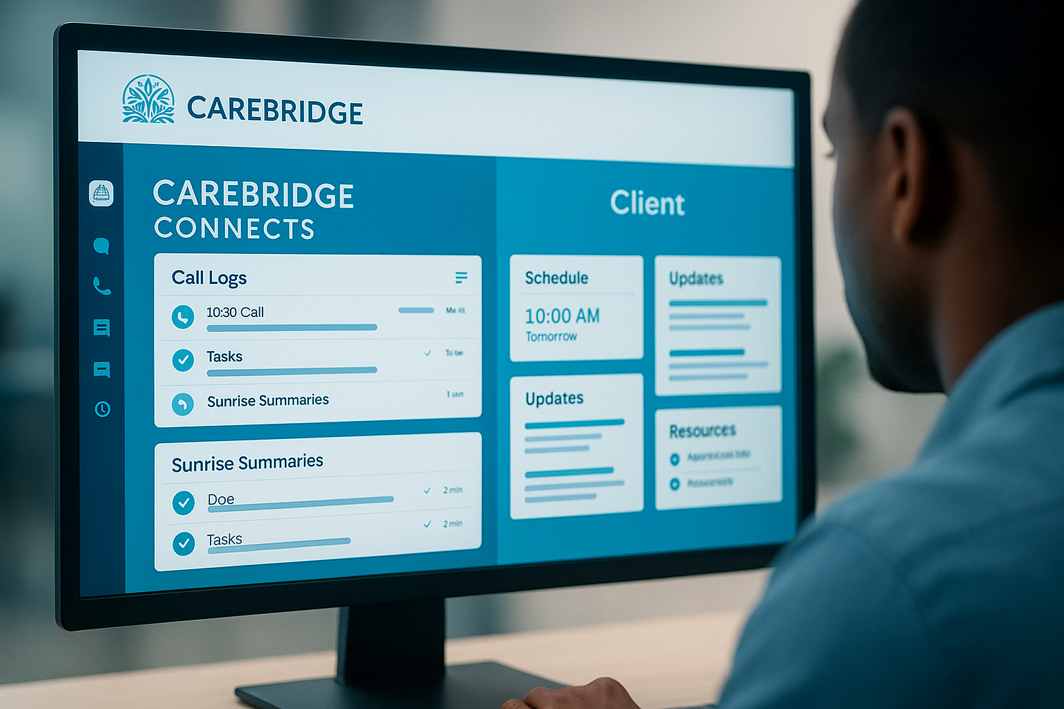 CareBridge Connects client portal on screen showing call logs, Sunrise summaries, and client updates