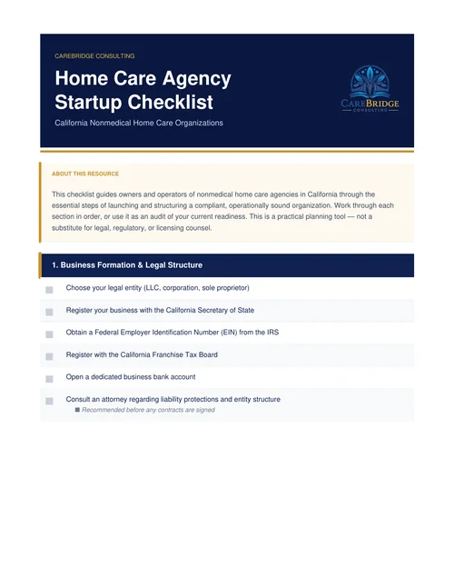 Cover of the CareBridge Home Care Agency Startup Checklist