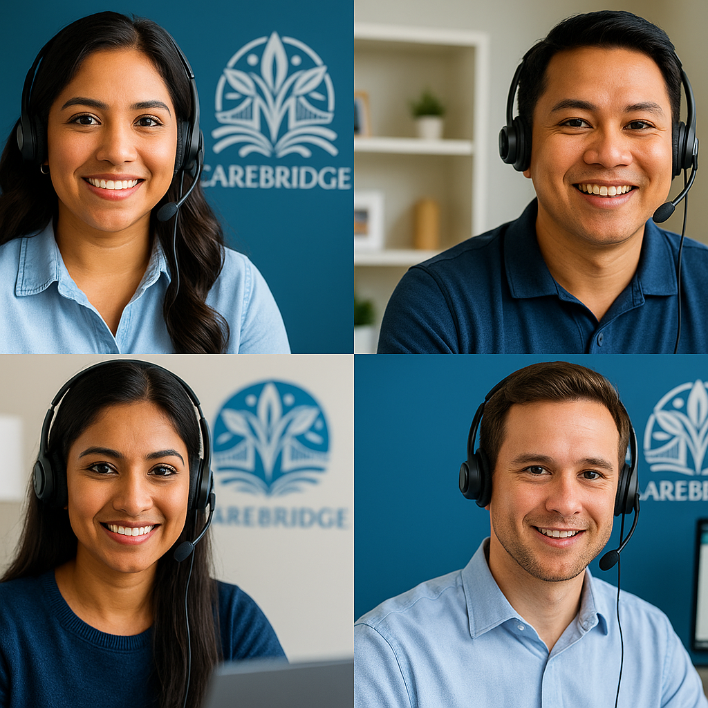 Multicultural CareBridge client operations team members with headsets