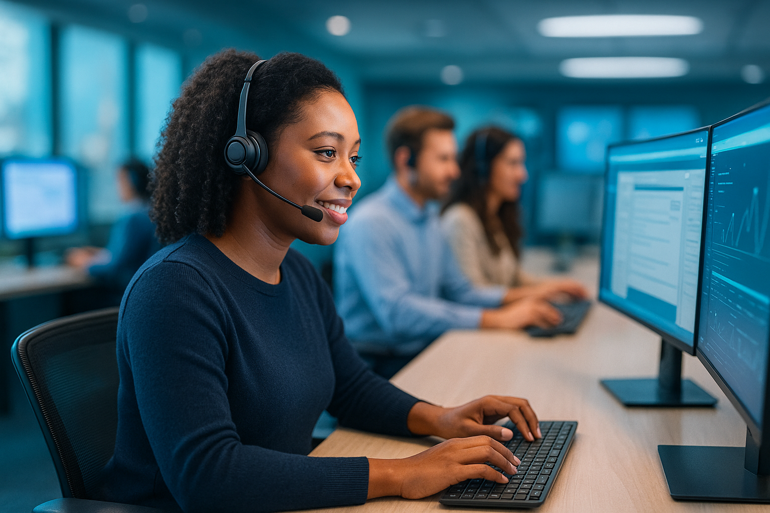 CareBridge client operations specialists working together in a modern contact center